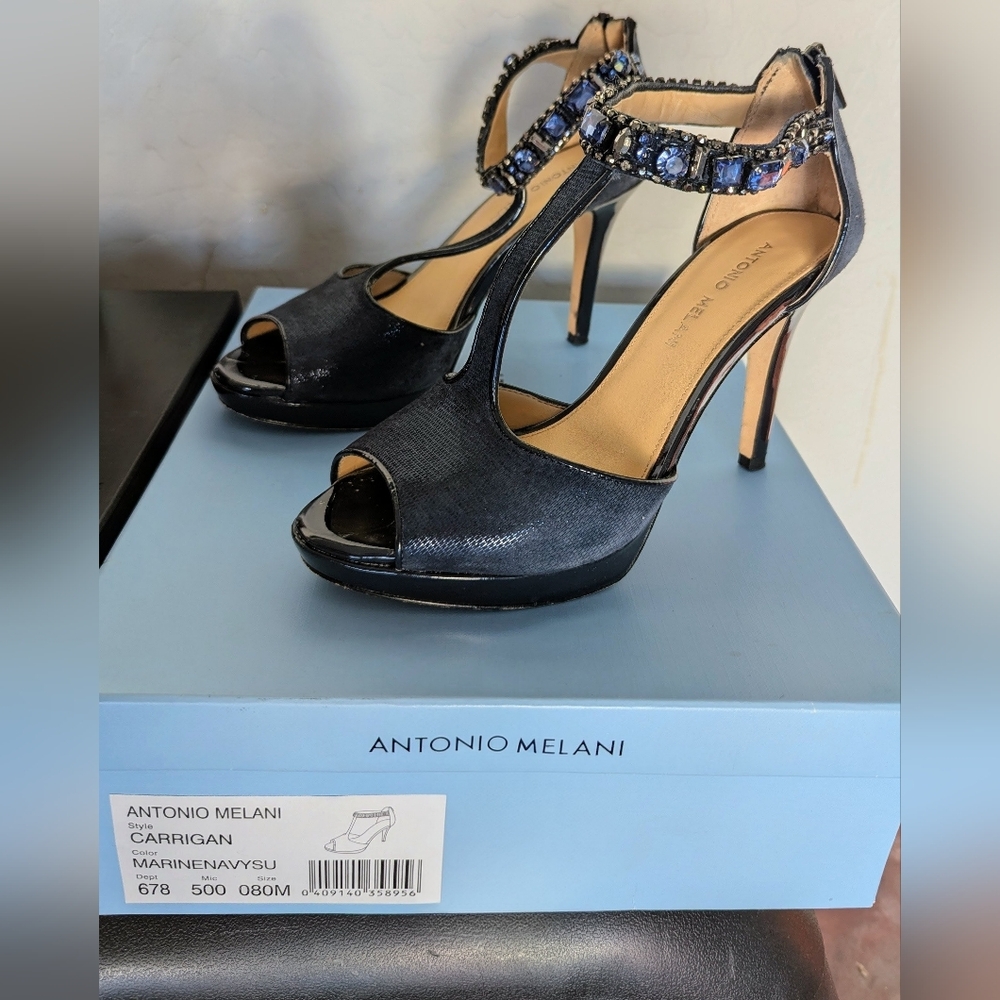Antonio Melani Marine Peep-Toe Heels with Jeweled Strap